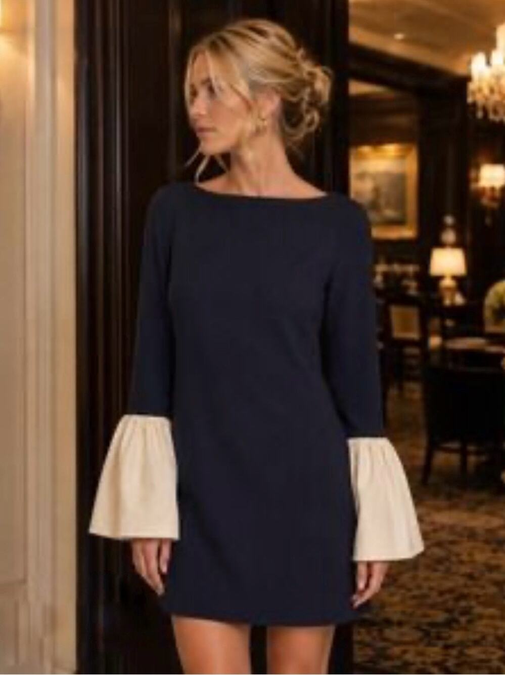 NWT STAUD Hawthorne Dress Navy Blue Bell Sleeve Preppy Old Money Party Size XS